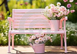 Romantic detail of the watering can with beautiful flowers on a garden bench, to beautify the garden photo