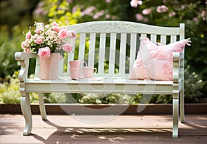 Romantic detail of the watering can with beautiful flowers on a garden bench, to beautify the garden photo