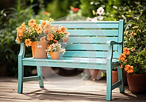 Romantic detail of the watering can with beautiful flowers on a garden bench, to beautify the garden photo