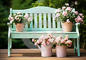 Romantic detail of the watering can with beautiful flowers on a garden bench, to beautify the garden photo