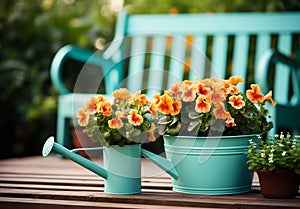 Romantic detail of the watering can with beautiful flowers on a garden bench, to beautify the garden photo