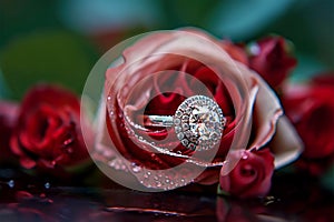 Romantic details engagement rings amidst red and pink roses