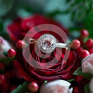 Romantic details engagement rings amidst red and pink roses