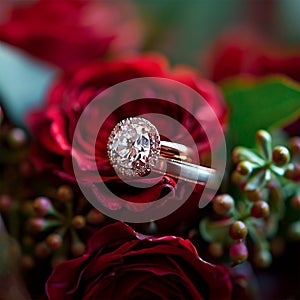 Romantic details engagement rings amidst red and pink roses