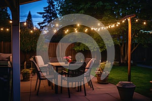 romantic, dimly lit backyard festooned with string lights