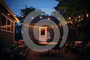 romantic, dimly lit backyard festooned with string lights