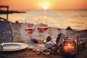 Romantic dinner on beach. Glasses of wine and sea wiew. Vacation, travel, restaurant. Happy valentine's day background