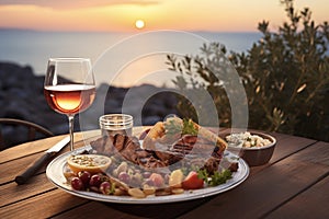 Romantic dinner on beach. Glasses of wine and sea wiew. Vacation, travel, restaurant. Happy valentine's day background