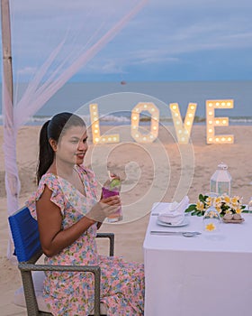 Romantic dinner on beach of Huahin Thailand, dinner by candle light in Hua Hin ,Valentine concept