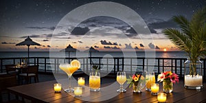 Romantic dinner on the beach by the sea. Wooden table with candles and flowers in a vase on the beach. .Candles and flowers on a