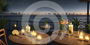 Romantic dinner on the beach by the sea. Wooden table with candles and flowers in a vase on the beach. .Candles and flowers on a
