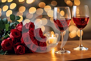 Romantic Dinner. Bouquet of flowers lying on the table, selective focus on bunch of roses, two glasses of red wine and candles on