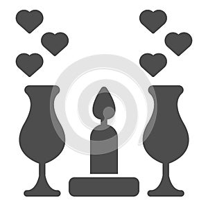 Romantic Dinner Candles solid icon. Dinner with glasses and candlelight illustration isolated on white. Wine glasses and