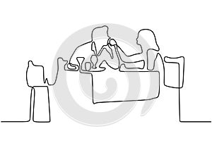 Romantic dinner continuous line drawing. Couple silhouette one hand drawn sketch. Vector minimalism design