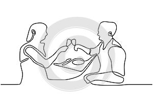 Romantic dinner continuous line drawing. Couple silhouette one hand drawn sketch. Vector minimalism design