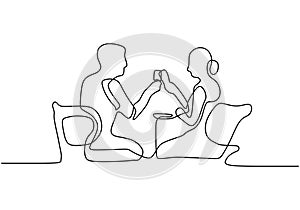 Romantic dinner continuous line drawing. Couple silhouette one hand drawn sketch. Vector minimalism design