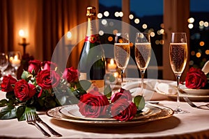 Romantic dinner dining table festive arrangement with champagne and roses