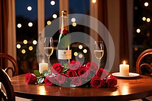 Romantic dinner dining table festive arrangement with champagne and roses