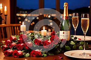 Romantic dinner dining table festive arrangement with champagne and roses