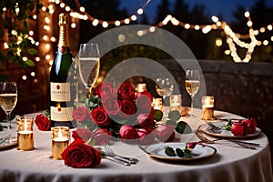 Romantic dinner dining table festive arrangement with champagne and roses
