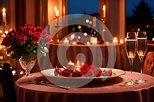 Romantic dinner dining table festive arrangement with champagne and roses