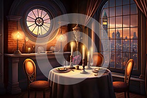 Romantic dinner love scene in New York classic restaurant. Table for two, champagne glasses moon, candles. Generative AI