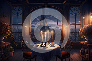 Romantic dinner love scene in Paris restaurant with a table for two, champagne glasses, moon and candles. Generative AI