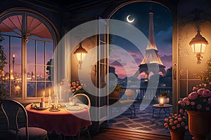 Romantic dinner love scene in Paris restaurant with a table for two, champagne glasses, moon and candles. Generative AI