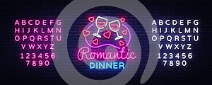 Romantic Dinner Neon Logo Vector. Wine neon sign, design template, modern trend design, night neon signboard, night