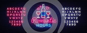 Romantic Dinner neon sign vector. Romantic Hour Logotype, Emblem in Modern Trend Design, Vector Template, Light Banner