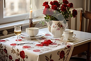 Romantic dinner with a red rose bouquet and candle. Generative AI