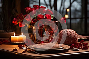 Romantic dinner with a red rose bouquet and candle. Generative AI