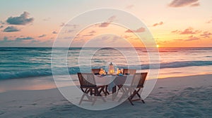 Romantic Dinner Setting on a Beach at Sunset