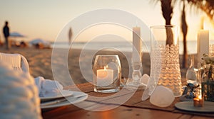 Romantic dinner setting on the beach at sunset