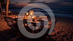 Romantic dinner setting on the beach at sunset