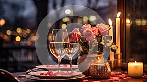 Romantic dinner setting with roses, candles and wine glasses on table. Valentine\'s day concept