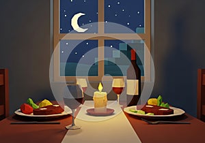 A romantic dinner setup features two