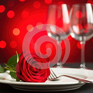 Romantic dinner setup with rose and wine glasses, isolated on white background