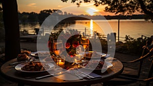 Romantic dinner sunset and river in the background. AI Generated.