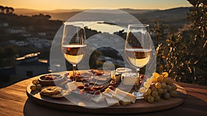 Romantic dinner sunset and river in the background. AI Generated.