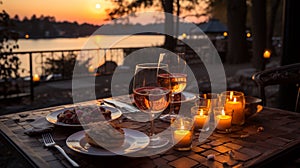 Romantic dinner sunset and river in the background. AI Generated.