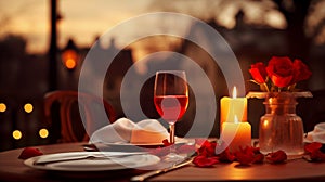 Romantic dinner table set with candlelight and red wine, AI Generated