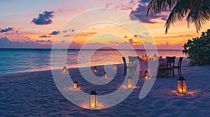 Romantic Dinner Table Set on a Beach at Sunset