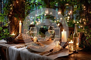 Romantic dinner table setting in enchanted forest