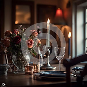 Romantic Dinner Table Set with Wine Glasses, Cutlery, and Flowers