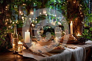 Romantic dinner table setting in enchanted forest