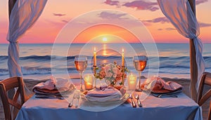 Romantic dinner table setting at sunset. Beach date concept