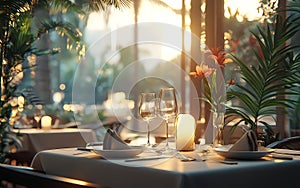 Romantic dinner table setting for two with candlelight and sunset in the background