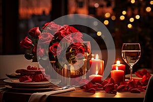 A romantic dinner table setup with drinks, flowers, and candles with copy space, showcasing the essence of a Valentine\'s Day