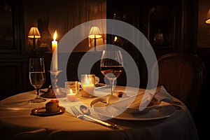 romantic dinner for two, with candlelight and fine dining setting